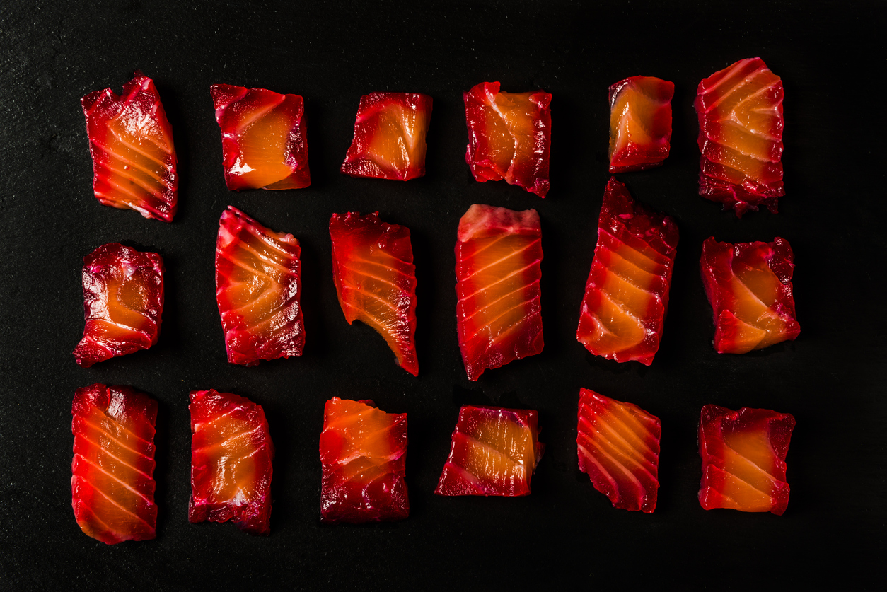 Beetroot Gravalax - salmon cured with salt, pepper and beetroot